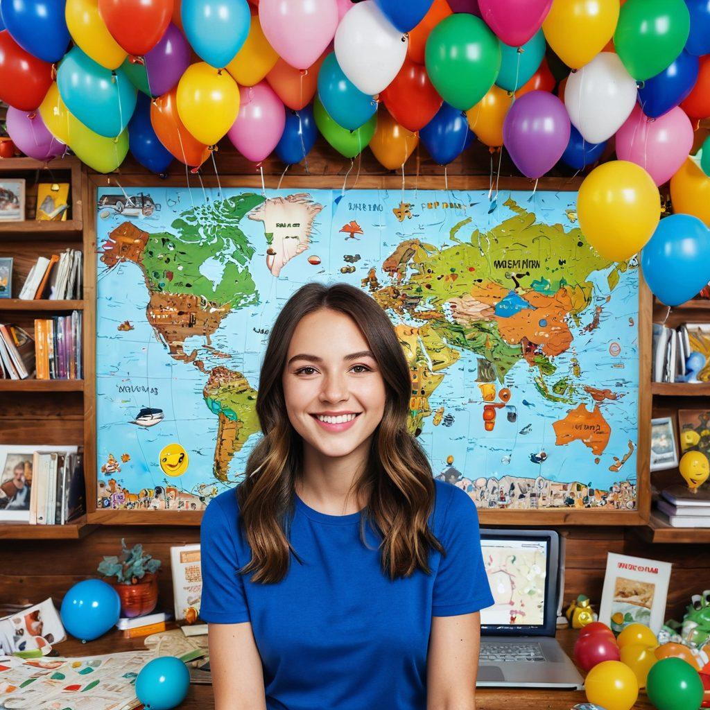 A lively scene featuring Jess in a colorful room filled with playful decorations, engaging with a webcam while surrounded by joyfully animated icons and emojis. Bright lights and a vibrant atmosphere enhance the sense of adventure, showcasing viewers from diverse backgrounds enjoying the show on their screens, all radiating happiness. The background includes elements of adventure like travel stickers, balloons, and a whimsical map design. super-realistic. vibrant colors. playful art style.