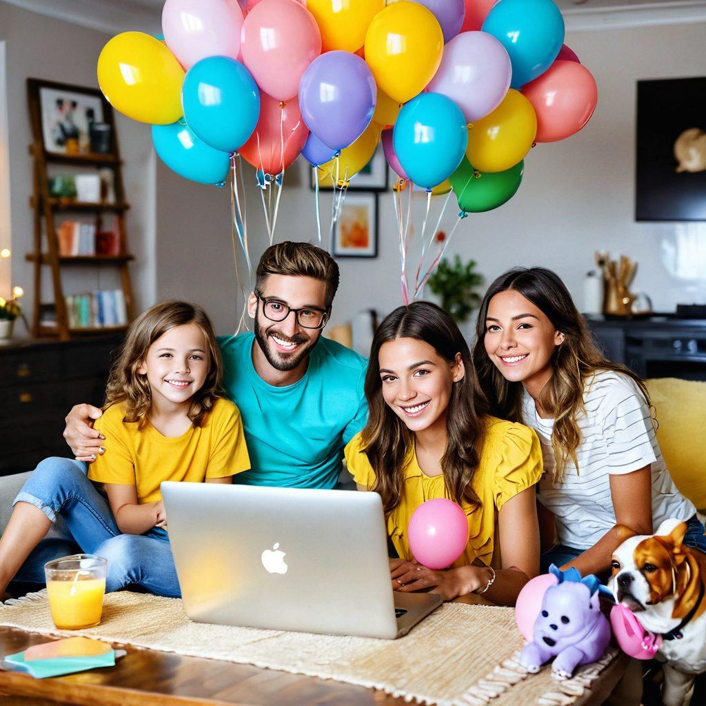 A vibrant and whimsical scene featuring a joyful family gathered around a computer, sharing smiles and laughter during a webcam call. Surround them with enchanting elements like floating colorful balloons, sparkling lights, and playful pets to evoke a sense of magic and connection. The background should be bright and cheerful with soft pastel colors, adding an uplifting atmosphere. super-realistic. vibrant colors. cheerful ambiance.