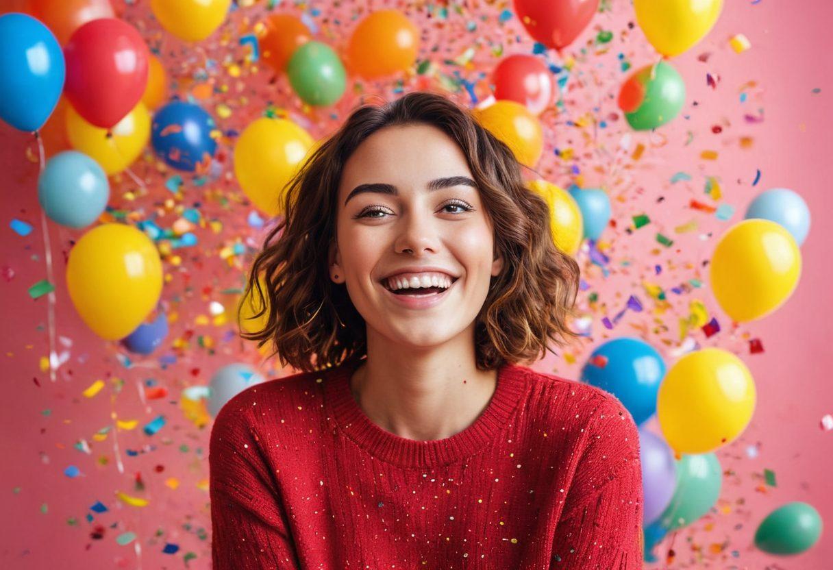 A lively and colorful scene featuring a joyful person on a webcam against a bright, cheerful backdrop filled with balloons and confetti. The person is smiling widely, with a sprinkle of animated emojis around them, conveying happiness and connection. The lighting is warm and inviting, enhancing the uplifting vibe of the moment. The overall composition should evoke a sense of celebration and joy. vibrant colors. 3D.